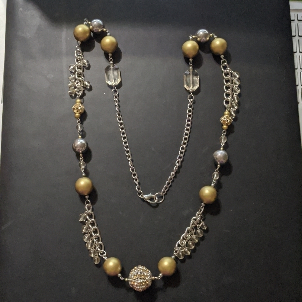 Gold and Silver Tone Champagne Rhinestone Beaded Long Statement Necklace